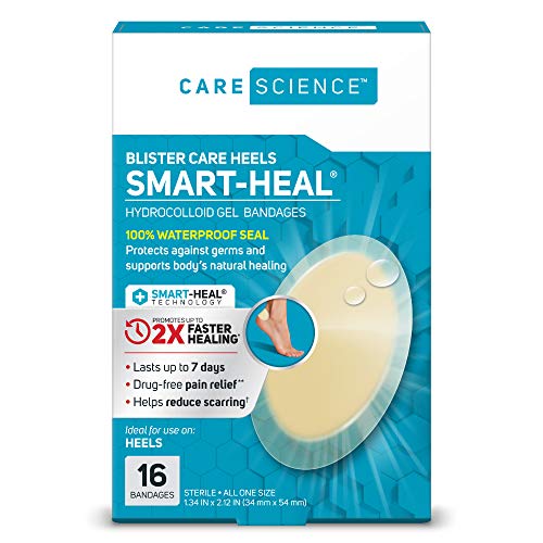 Care Science Fast Healing Hydrocolloid Gel Bandages for Heels, 1.3 in x 2.1 in, 16 Count | Blister Prevention, 100% Waterproof Seal Promotes Up to 2X Faster Healing, for Wound Care or Blisters