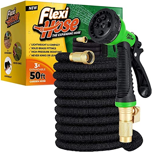 Flexi Hose with 8 Function Nozzle Expandable Garden Hose 50 ft, Lightweight & No-Kink Flexible Extendable Garden Flex Hose, 3/4 inch Solid Brass Fittings and Double Latex Core, 50ft Black