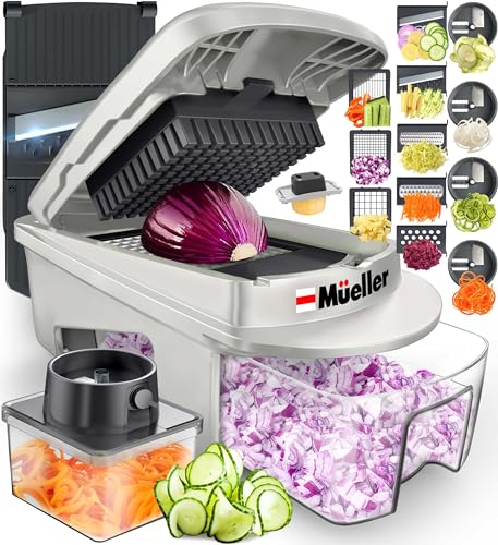 Mueller Pro-Series All-in-One, 12 Blade Mandoline Slicer for Kitchen, Food Chopper, Vegetable Slicer and Spiralizer, Cutter, Dicer, Grater, Kitchen Gadgets Sets with Container, White Sand/Dark Grey