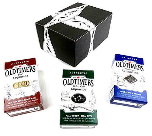 Oldtimers Licorice 3-Flavor Variety: One 8.2 oz Package Each of Scheepsknopen Drop, Hindelooper Ruitjesdrop, and Sneker Zoethoudertjes in a BlackTie Box (3 Items Total)