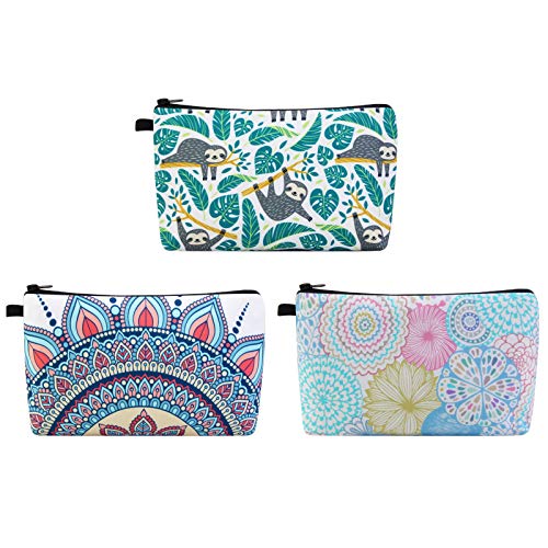 MAGEFY Makeup Bag 3 Styles Portable Travel Cosmetic Bag for Women Flower Patterns Small Toiletry Bag Sloth Gifts for Women Makeup Pouch with Black Zipper Pouch (3 packs)