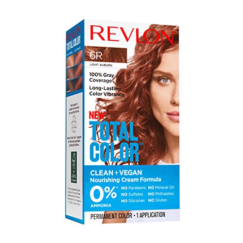 Revlon Permanent Hair Color, Permanent Hair Dye, Total Color with 100% Gray Coverage, Clean & Vegan, 6R Light Auburn, 3.5 oz