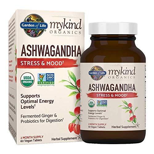 Garden of Life Organic Ashwagandha Stress, Mood & Energy Support Supplement with Probiotics & Ginger Root for Digestion mykind Organics - Vegan, Gluten Free, Non GMO – 2 Month Supply, 60 Tablets