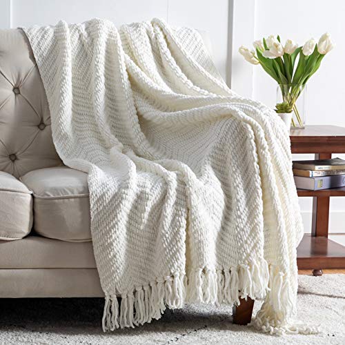 Bedsure Throw Blanket for Couch – Cream White Versatile KnitWoven Chenille Blanket for Chair – Super Soft, Warm & Decorative Blanket with Tassels for Bed, Sofa and Living Room (Ivory, 50 x 60 inches)