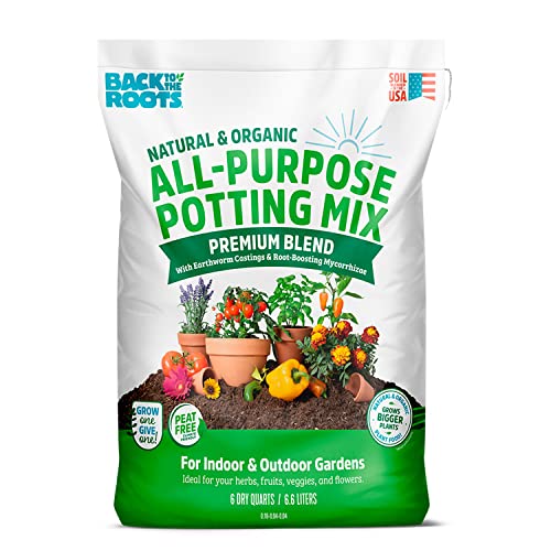 Back to the Roots All-Purpose Potting Mix 6 Quarts (Best Value), 100% Organic & USA Made for Herbs, Veggies, Flowers, w/ Nutrient Rich Plant Food, Worm-Castings, & Moisture Controlling Yucca