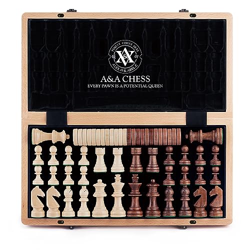 A&A 15 inch Wooden Folding Chess & Checkers Set w/ 3 inch King Height Staunton Chess Pieces / 2 Extra Queens - Maple & Walnut Inlay