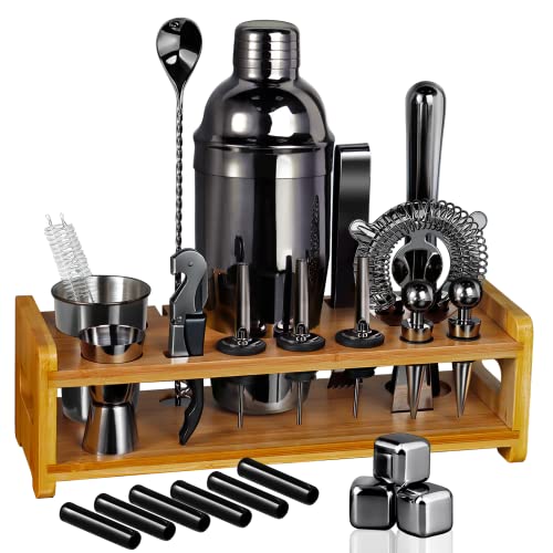 26-Piece Bartender Kit Cocktail Shaker Set | Stainless Steel Bar Set with Bamboo Stand Bar Tools Cocktail Kit for Halloween Drink Mixing,Home,Bar,Party, Gift Bartending Kit(Black)