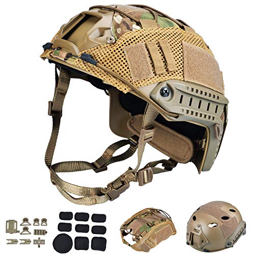 ActionUnion Tactical Airsoft Paintball Fast Helmet with Cover PJ Type Adjustable Protective NVG Mount forMulticam Military Sports Hunting Shooting (Tan-CP)