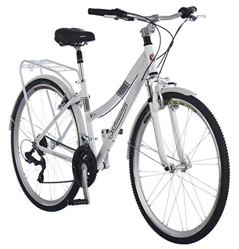 Schwinn Discover Mens and Womens Hybrid Bike, 21-Speed, 28-inch Wheels, 17-Inch Aluminum Step-Through Frame, Front and Rear Fenders, Rear Cargo Rack, White