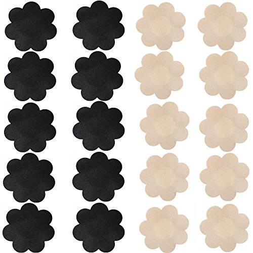 Nippleless Cover, 20 Pairs Nipple Covers Self-Adhesive Disposable Bra Gel Petals Pad Pasties (Beige 10 Pairs + Black 10 Pairs)
