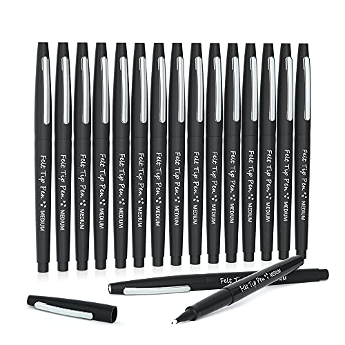 Lelix Felt Tip Pens, 15 Black Pens, 0.7mm Medium Point Felt Pens, Felt Tip Markers Pens for Journaling, Writing, Note Taking, Planner, Perfect for Art Office and School Supplies