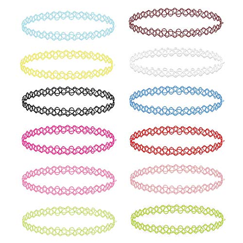 BodyJ4You 12PC Tattoo Choker Necklace Set - 90s Accessories Women Teen Girls Kids - Vibrant Pink Blue White Green Black Stretchy Jewelry - Summer Style Gift Idea
