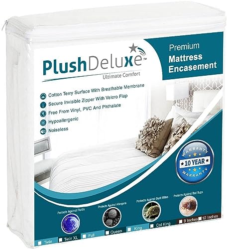 PlushDeluxe Premium Mattress Encasement - Zippered Waterproof BedCover, 6-Sided Protection - Hypoallergenic Terry Fabric - Protects Against Dust, Critters - [12-15'] Depth, Queen