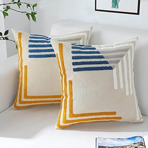 Oirpro Boho Throw Pillow Covers 18x18 Set of 2 Neutral Accent Modern Farmhouse Pillow Covers with Embroidered Geometric Pattern Decorative for Couch Bed Living Room Outdoor Yellow