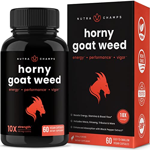 Horny Goat Weed for Men & Women | 1000mg Epimedium Energy Supplement | 10X Strength Icariin | Ginseng, Tribulus & Maca Pills for Women & Men | Enhanced Absorption with Black Pepper | 60 Vegan Capsules