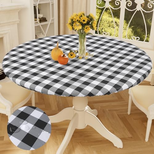 smiry Round Table Cloth Cover, Elastic Waterproof Fitted Vinyl Table Covers for 36'-44' Tables, Flannel Backed Buffalo Plaid Tablecloth for Picnic, Camping, Indoor and Outdoor, Black and White