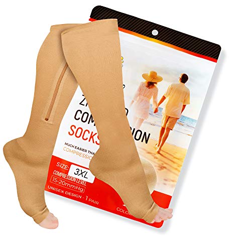 Lemon Hero Short Zipper Compression Socks for Women and Men Open Toe 15-20 mmhg Medical Zippered with Zip Guard Skin Protection (3XL, Biege)