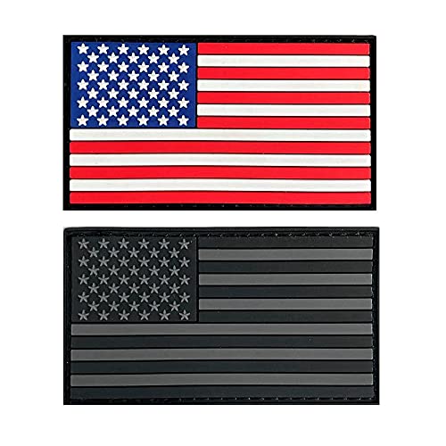 2 Pack Tactical USA American US Flag All Black Dark Subdued American Flag PVC Rubber Fastener Patch (Full Color + Grey)