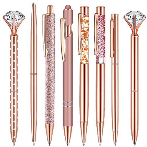 Supervitae 8 Pcs Rose Gold Ballpoint Pen Set Liquid Sand Glitter Pen Metal Ballpoint Pens Crystal Diamond Pen Girly Black Ink Ball Point Pen Gifts for Wedding Office Rose Gold Desk Supplies