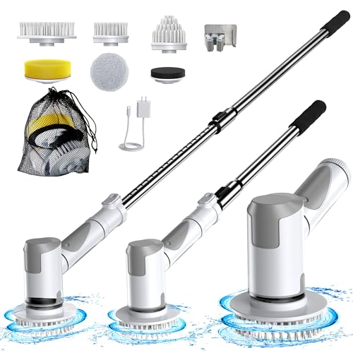 Electric Spin Scrubber, Scrub Brush Dual Speed, Power Shower Scrubber with 6 Replacement Head, Cordless Cleaning Brush with Extension Handle for Bathtub Grout Tile Floor, White