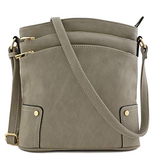 ALYSSA Triple Zip Pocket Large Crossbody Bag (Grey)