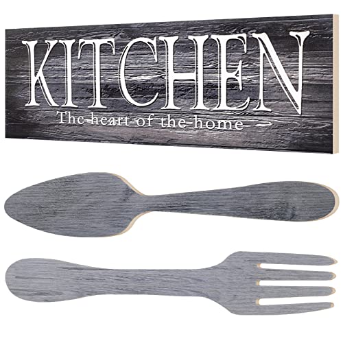 Kitchen Sign Set, Fork and Spoon Wall Decor Kitchen The Heart of The Home Sign Wood Rustic Kitchen Decoration Farmhouse Kitchen Wall Decor for Home Dining Room Housewarming Kitchen Decor (Gray)