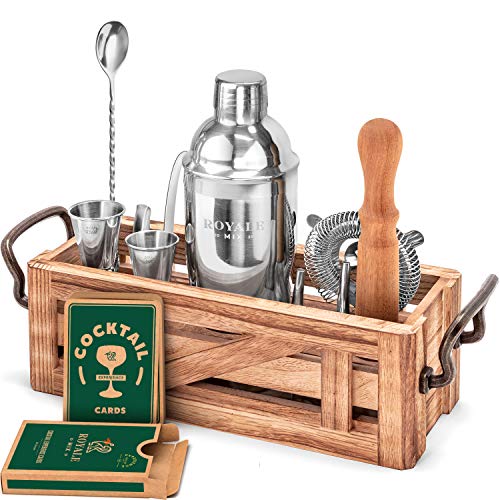 Mixology Bartender Kit with Wooden Stand - Great Housewarming Gift -12 Piece Bar Tools Set with Cocktail Kit Cards - Premium Bartending Kit for a Fun Bar Set - Stainless Steel Cocktail Shaker Set