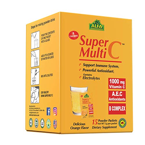 ALFA VITAMINS Super Multi C, Vitamin C Powder and Multivitamin Supplement Premium Quality Source of Nutrients, Minerals, Antioxidants & Electrolytes - 15 Packets