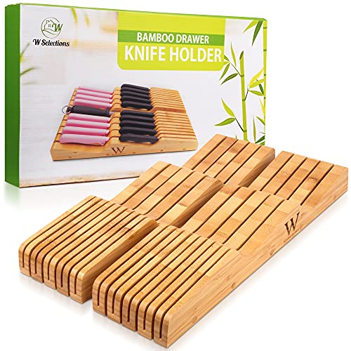 W Selections Bamboo Knife Drawer Organizer Insert - Kitchen Storage Holder for [18~26 Knives & 1~2 Honing Steel] Organization - Saves Countertop Space & Made of Premium Quality Moso Bamboo