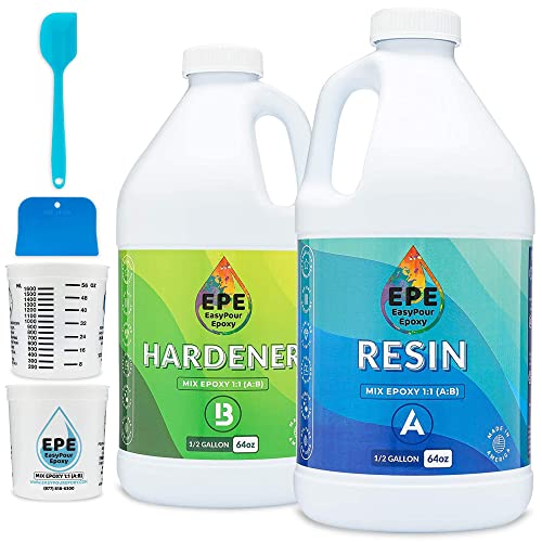EPE EasyPour Epoxy 1 Gallon Kit - Crystal Clear High Gloss Resin and Hardener, 2 Mixing Cups, Silicone Spatula, Plastic Spreader - Wood Tabletops, Epoxy Countertop Resin, Epoxy Casting and Art Work