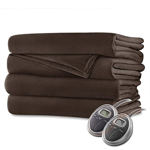 Sunbeam Velvet Plush Queen Heated Blanket with 20 Heat Settings, Auto-Off and 2-Digital Controllers - 5 Yr Warranty, Walnut Brown