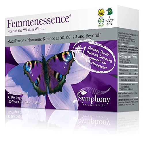 Femmenessence MacaPause – Clinically Proven for Post Menopause, Natural Hormone Balance Supplements for Women, Bone and Heart Health, Symptom Relief, 120 Organic Maca Root Capsules, 30-Day Supply