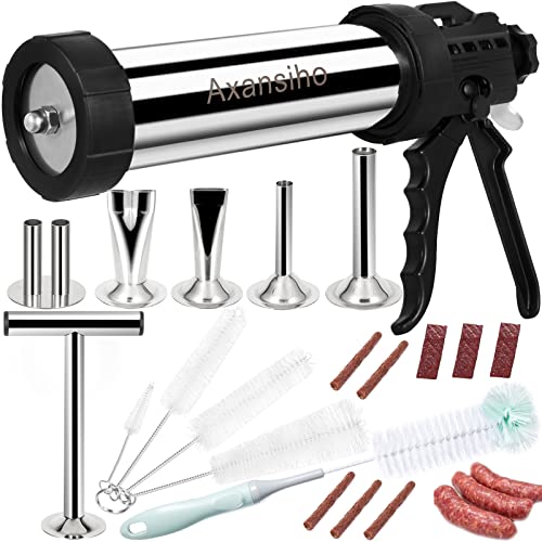 Upgraded 1.57LB Large Capacity Stainless Steel Jerky Gun Sausage Stuffer Machine Beef Jerky Gun Sausage Maker Jerky Shooter Jerky Gun Kit with 5 Nozzles 5 Brushes & Meat Pusher