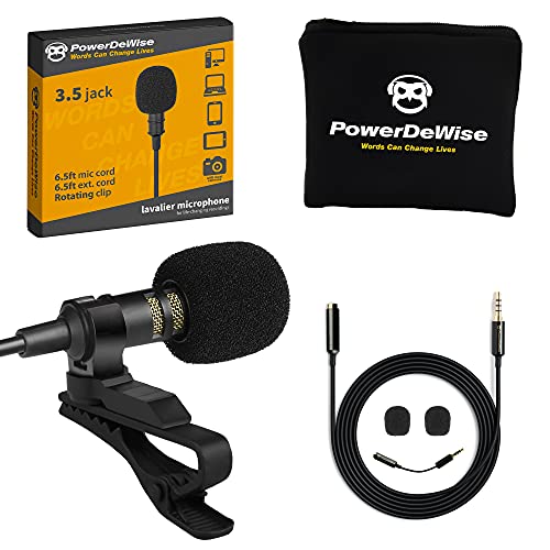 PowerDeWise Professional Grade Lavalier Clip On Microphone - Lav Mic for Camera Phone iPhone GoPro Video Recording ASMR - Small Noise Cancelling 3.5mm Tiny Shirt Microphone with Easy Clip On System