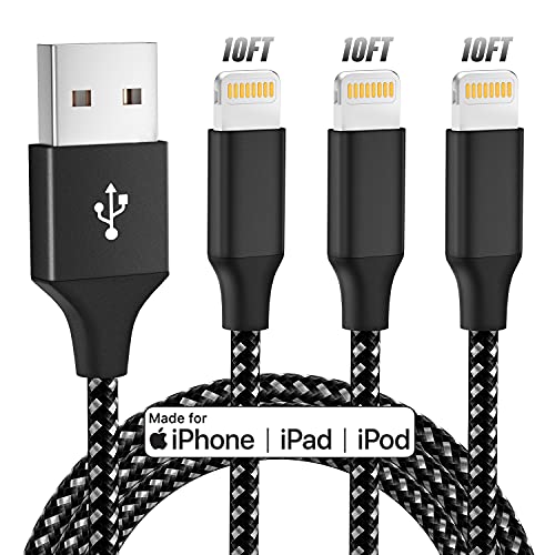 iPhone Charger [Apple Mfi Certified] Bkayp 3Pack 10FT Lightning Cable Fast Charging Nylon Braided Syncing Long Cord Compatible iPhone 12/11Pro Max/11/XR/X/8/7/6-2021 Upgrade