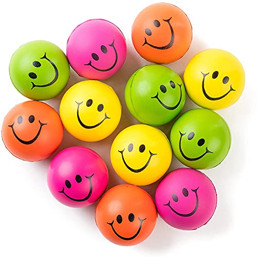 Be Happy! Neon Colored Smile Funny Face Stress Ball - Happy Smile Face Squishies Toys Stress Foam Balls for Soft Play - Bulk Pack of 12 Relaxable 2.5' Stress Relief Smile Squeeze Balls Fun Toys
