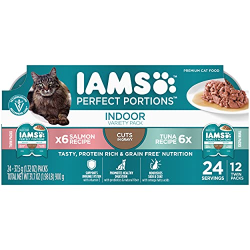 IAMS PERFECT PORTIONS Indoor Adult Grain Free* Wet Cat Food Cuts in Gravy Variety Pack, Tuna Recipe and Salmon Recipe, (12) 2.6 oz. Easy Peel Twin-Pack Trays