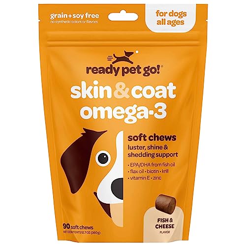 Healthy Dog Skin and Coat Supplement | Nourishing Omega 3 Fish Oil for Dogs Skin and Coat Plus Heart and Joint Support with EPA DHA & Vitamin E | Mange Allergy & Itchy Skin Relief for Dogs | 90 Chews