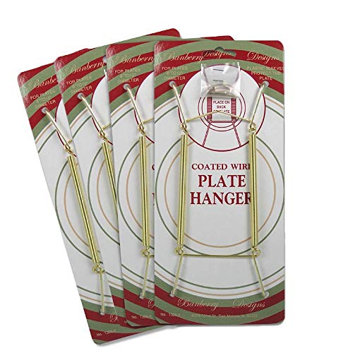 Banberry Designs Brass Vinyl Coated Plate Hanger 8 to 10 Inch - Set of 4 Pcs - Clear Vinyl Sleeves Protect the Plate - Hook and Nail Included