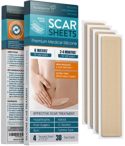 NUVADERMIS Silicone Scar Sheets, Tape, Strips - USA Tested - Healing Keloid, C-Section, Tummy Tuck - As Surgical Cream, Gel, Patch, Bandage, Pad - Surgery Scars Treatment - 4 Pack 5.7'x1.57'