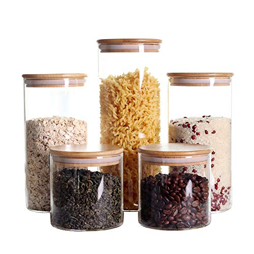 LEAVES AND TREES Y Stackable Kitchen Canisters Set, Pack of 5 Clear Glass Food Storage Jars Containers with Airtight Bamboo Lid for Candy, Cookie, Rice, Sugar, Flour, Pasta, Nuts