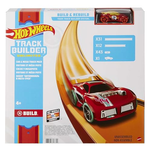 Hot Wheels Track Builder Car & Mega Track Pack, 87 Component Parts for 40-ft of Track & 1:64 Scale Toy Car (Amazon Exclusive)