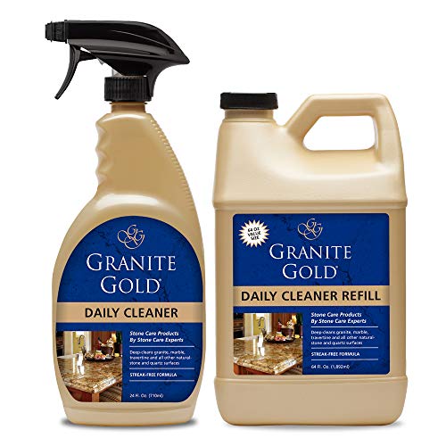 Granite Gold Daily Cleaner Spray and Refill Streak-Free Cleaning for Granite, Marble, Travertine, Quartz, Natural Stone Countertops, and Floors, 24 & 64 Fluid Ounce, 2-Pack