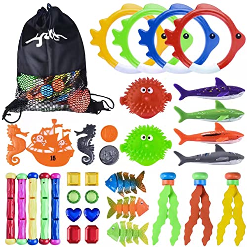 heytech 33 PCS Dive Toys Pool Toys for Kids Includes 4 Diving Sticks, 4 Diving Rings, 5 Pirate Treasures, 8 Sparkling gems,3 Aquatic Toy, 2 Puffer,7 Fish Toys, - Water Toys with a Storage Net Bag