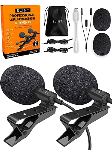 SLINT Lapel Microphone 2 Pack- Clip-On with Omnidirectional Condenser - Lavalier Mic Compatible with Android, GoPro, DSLR - Lav Mic for YouTube Recording