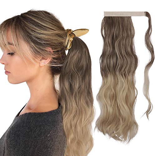 FESHFEN Long Wavy Ponytail Extensions Body Wave Wrap Around Hair Ponytails Curly Pony Tails Clip in Synthetic Hairpieces for Women Girls, 24 inch