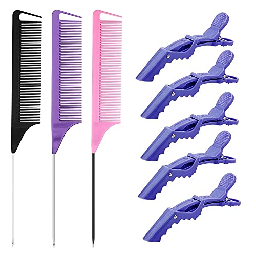 3 Packs Rat Tail Comb Steel Pin Rat Tail & 5 PCS Sectioning Alligator Hair Clips Duckbill Clips Carbon Fiber Heat Resistant Teasing Combs Stainless Steel Pintail Hairdressing Tools