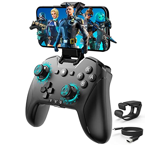 Bluetooth Controller for iPhone/Mobile Phone/Switch/Mac/iPad/Android/Laptop, Switch Pro Controller Gamepad Joystick for Apple Arcade MFi Games With Clip, Backbone and Trigger Keys(Black with Clip)