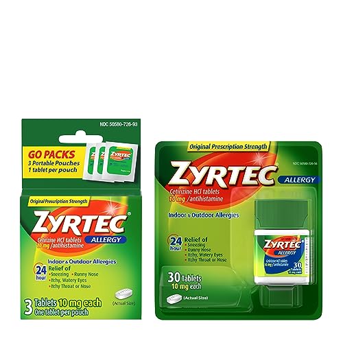 Zyrtec 24 Hour Allergy Relief Tablets, Bundle with 1 x 30ct and 3 x 1ct Travel Packs