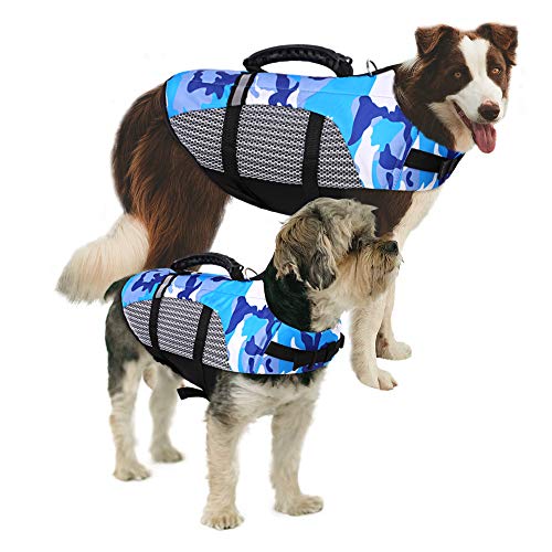 MAZORT Dog Life Jacket, Ripstop Dog Life Vest for Swimming & Boating, Camouflage Pet Floatation Swimsuit with Rescue Handle for Small Medium Large Doggy (Blue, X-Large)